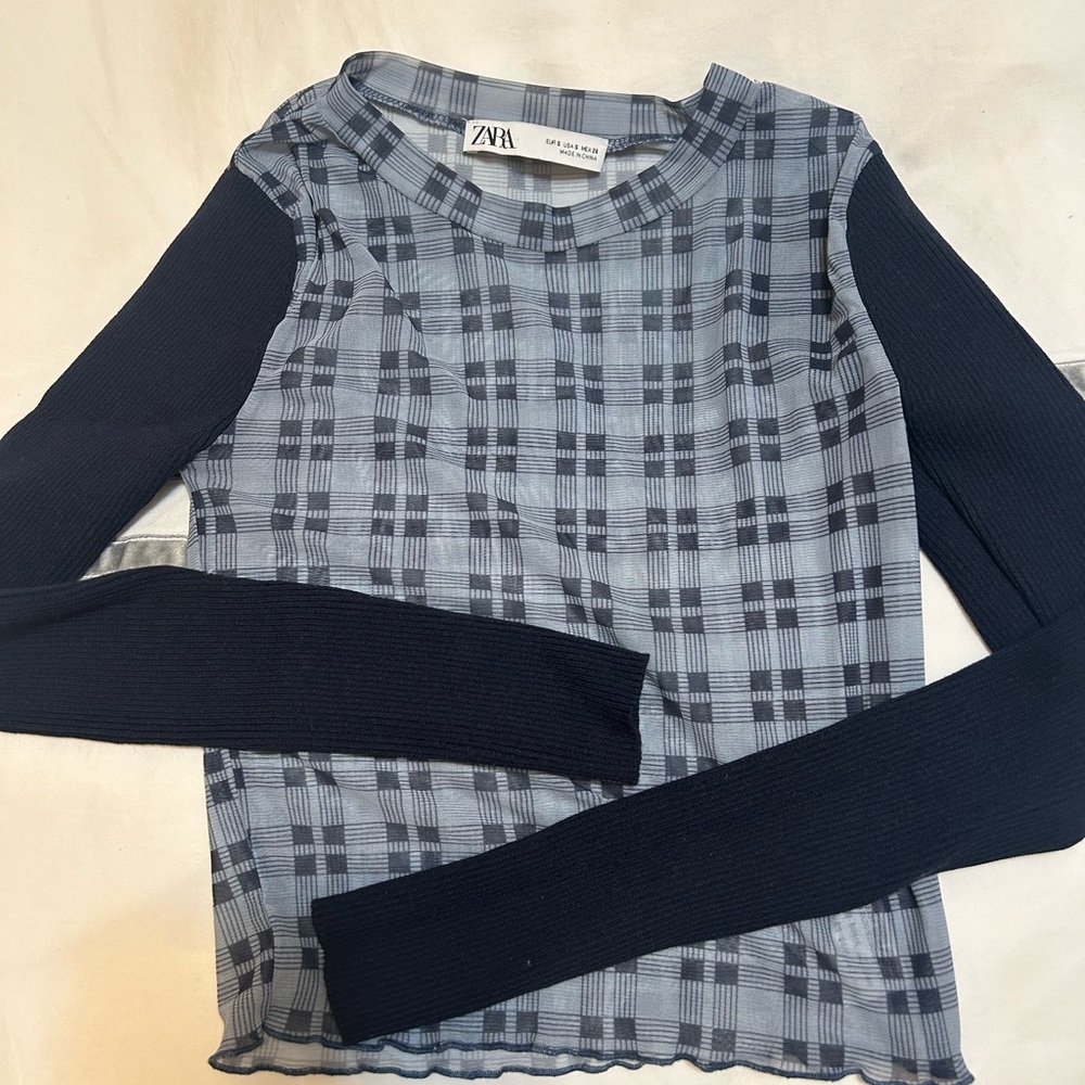 Zara Blue Checkered Long Sleeve Top
